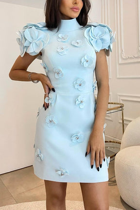 PUFF SLEEVE 3D FLOWER MINI DRESS