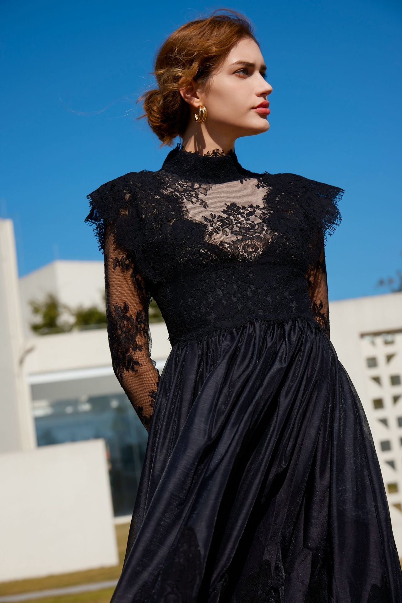 LONG SLEEVE LACE HALF TURTLENECK MAXI DRESS