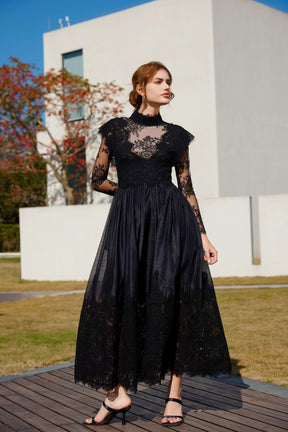 LONG SLEEVE LACE HALF TURTLENECK MAXI DRESS