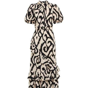 scarf collar short sleeve ruffle dress