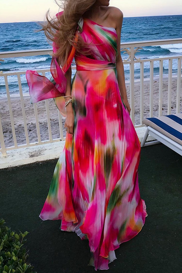 STAINED ONE SHOULDER SLEEVELESS MAXI DRESS