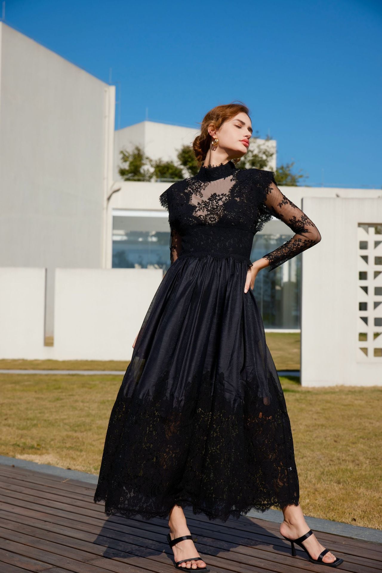 LONG SLEEVE LACE HALF TURTLENECK MAXI DRESS