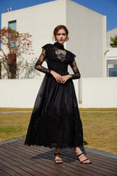 LONG SLEEVE LACE HALF TURTLENECK MAXI DRESS