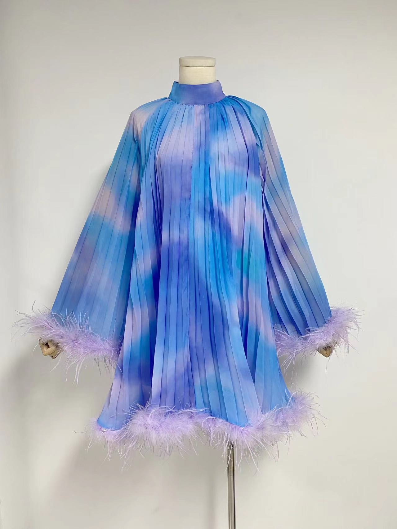 Ombre Feather Pleated Dress