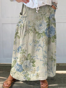 F61302 Women's Vintage Floral Linen Pocket Skirt