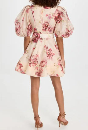 Red Floral Puff Sleeve Mini Dress