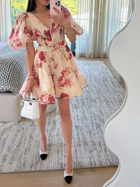 Red Floral Puff Sleeve Mini Dress