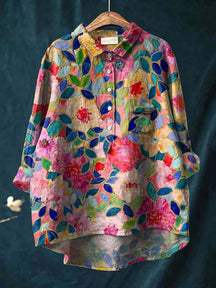 F6608 Women's Printed Casual Cotton and Linen Shirt