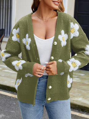 S121612 3D Flower V-Neck Knit Cardigan