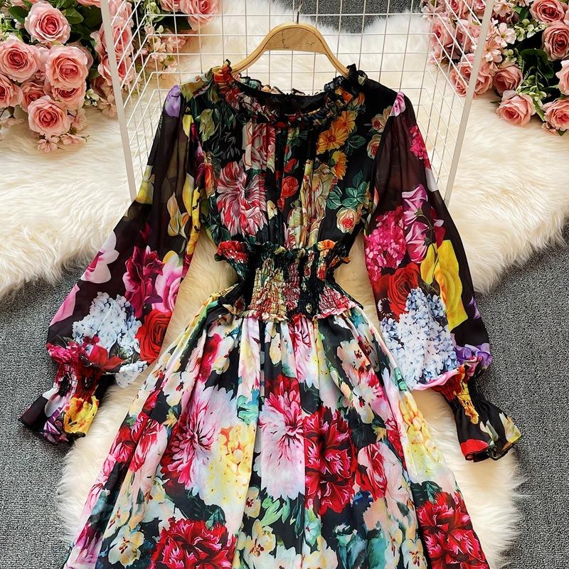 Lace Round Neck Long Sleeve Printed Dress