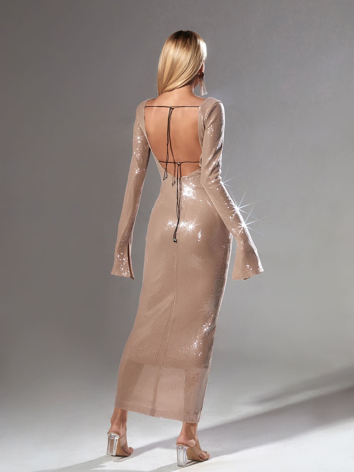Long Sleeve Sequin Backless Maxi Dress