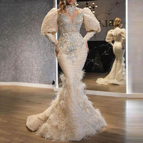 V-neck Feather Haute Couture Maxi Evening Dress