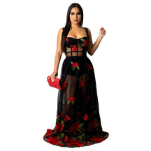 Black Red Roses Embroidery Mesh Maxi Dress