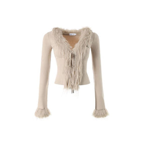 Fur Knit V-Neck Tie Cardigan Top