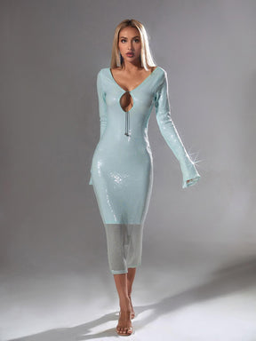 Long Sleeve Sequin Backless Maxi Dress