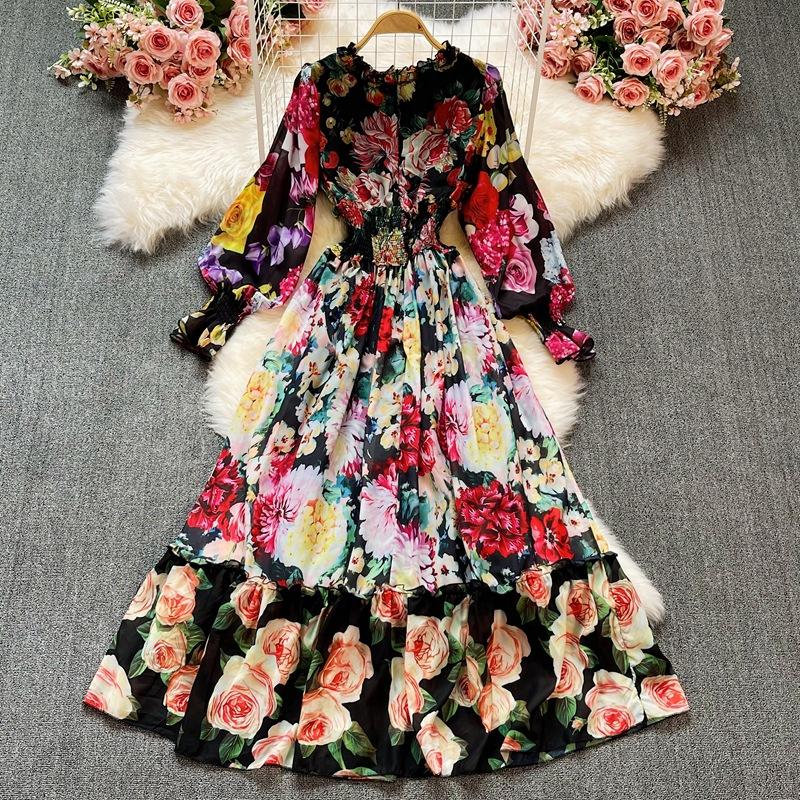 Lace Round Neck Long Sleeve Printed Dress